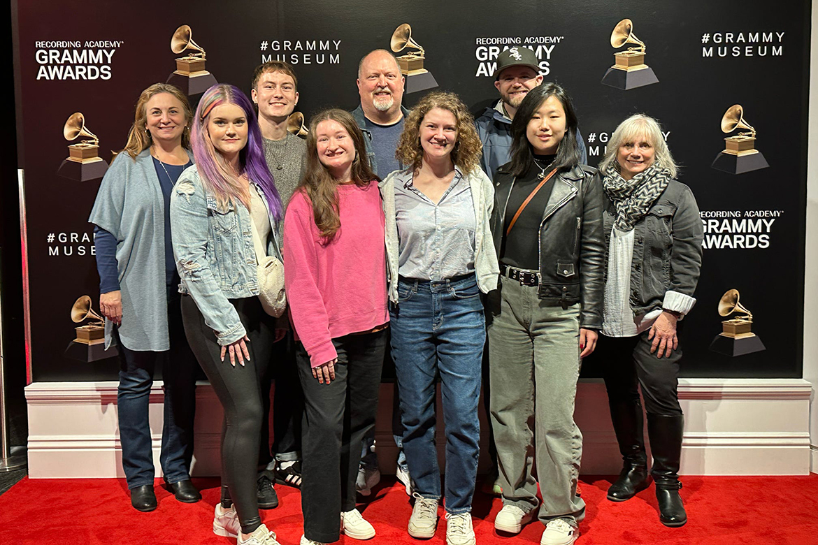 Middle Tennessee State University Recording Industry professors Odie Blackmon, back center, and Denise Shackelford, far right, accompany several MTSU College of Media and Entertainment students on a visit to the Grammy Museum in Los Angeles as part of the university’s annual return to Grammys to honor alumni nominees and network with industry professionals. (Submitted photo)