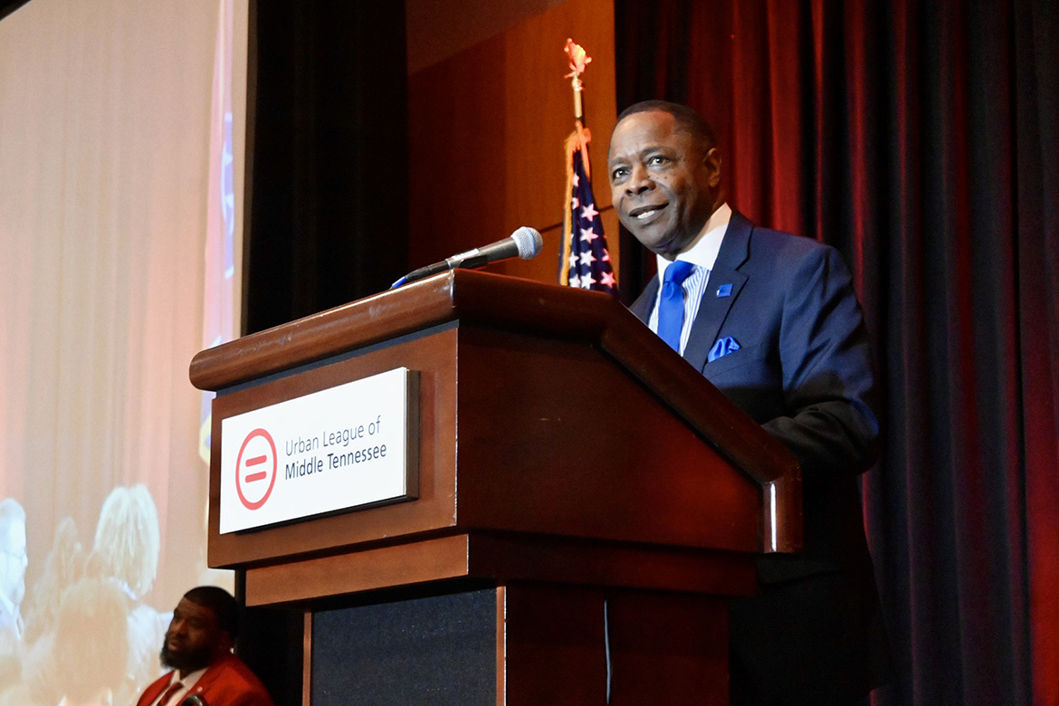 Middle Tennessee State University President Sidney A. McPhee gives keynote remarks at the 56th Urban League of Middle Tennessee’s “Equal Opportunity Day” luncheon held Feb. 22 at the Music City Center in Nashville, Tenn. (MTSU photo by Andrew Oppmann)
