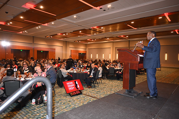 Middle Tennessee State University President Sidney A. McPhee gives keynote remarks to the hundreds in attendance at the 56th Urban League of Middle Tennessee’s “Equal Opportunity Day” luncheon held Feb. 22 at the Music City Center in Nashville, Tenn. (MTSU photo by Andrew Oppmann)