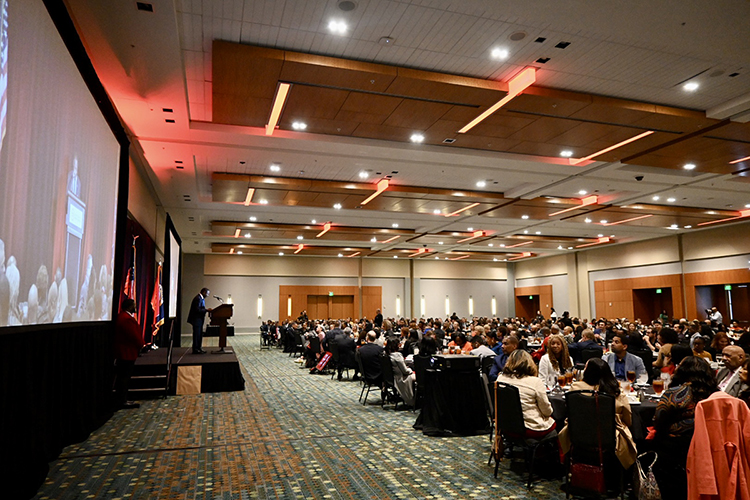A large crowd listens as Middle Tennessee State University President Sidney A. McPhee gives keynote remarks at the 56th Urban League of Middle Tennessee’s “Equal Opportunity Day” luncheon held Feb. 22 at the Music City Center in Nashville, Tenn. (MTSU photo by Andrew Oppmann)