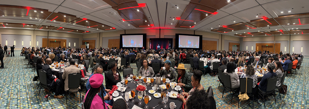 A large crowd of almost 500 attendees listens as Middle Tennessee State University President Sidney A. McPhee gives keynote remarks at the 56th Urban League of Middle Tennessee’s “Equal Opportunity Day” luncheon held Feb. 22 at the Music City Center in Nashville, Tenn. (MTSU photo by Andrew Oppmann)