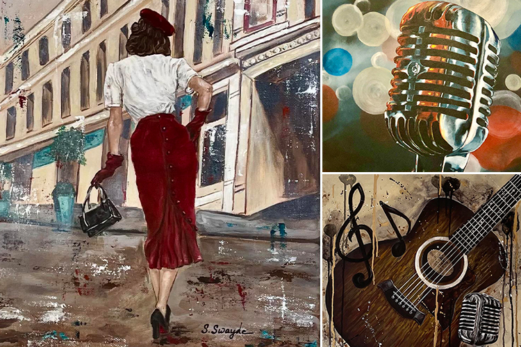 rtwork by Lascassas, Tennessee, artist Sandra Swayne —clockwise from left, "Nine to Five," "Rat Pack" and "Honky Tonkin'" — will be on display Feb. 23 through March 28 at the Murfree Art Gallery, located in Room 218 of the Rutherford County Office Building, 319 N. Maple St. in Murfreesboro, Tennessee. (Images courtesy Sandra Swayne)