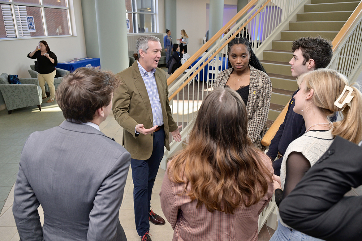 Tennessee Secretary of State Tre Hargett, second from left, talks with students attending the Tennessee Campus Civic Summit at Middle Tennessee State University Friday, Feb. 23, in the Miller Education Center’s second-floor atrium. Joining MTSU at the event were students from the University of Tennessee-Chattanooga, East Tennessee State, Vanderbilt, Belmont, Lipscomb, Cumberland, Tennessee State, the University of Memphis and the University of the South. (MTSU photo by Andy Heidt)