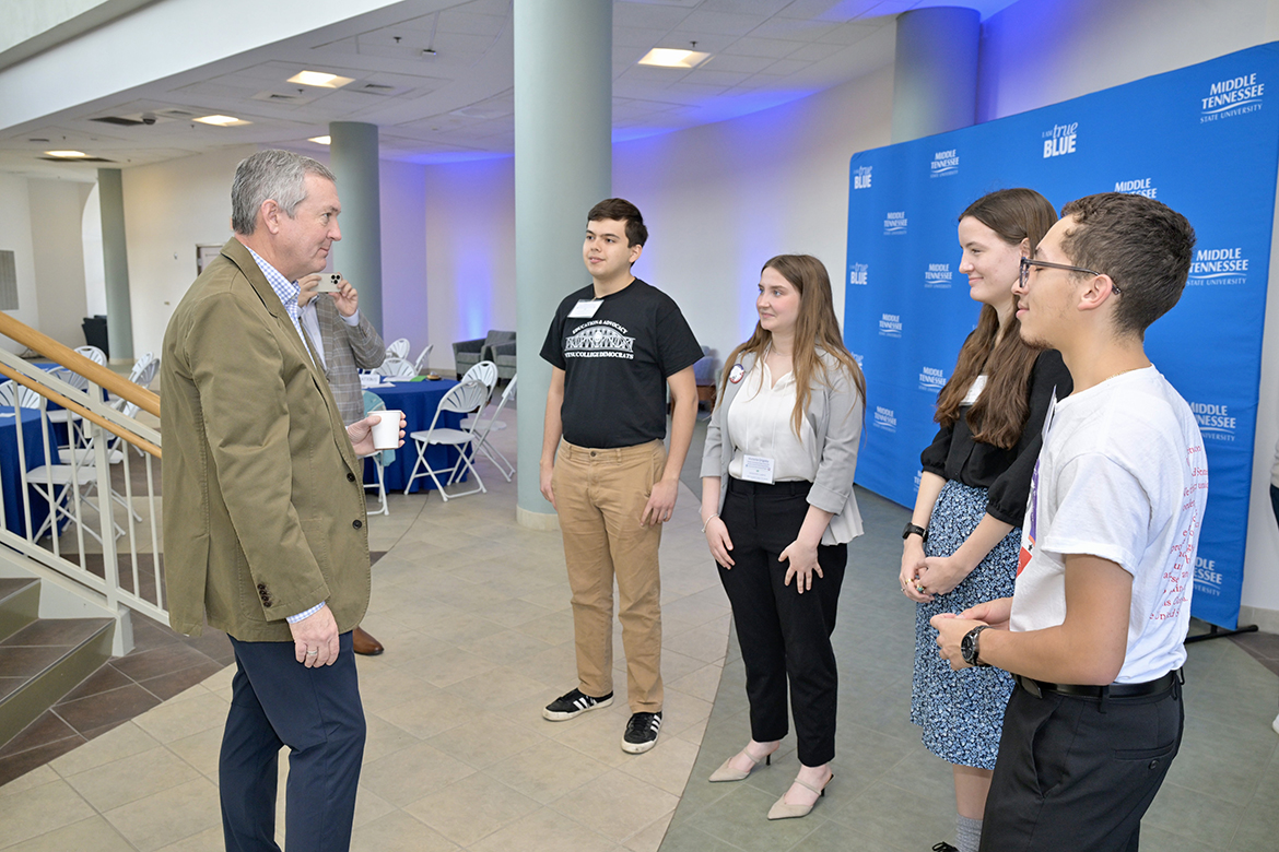 Tennessee Secretary of State Tre Hargett, left, visits with Middle Tennessee State University students attending the Tennessee Campus Civic Summit at MTSU Friday, Feb. 23, in the Miller Education Center’s second-floor atrium. MTSU hosted the summit that attracted nine other public and private Tennessee universities. (MTSU photo by Andy Heidt)
