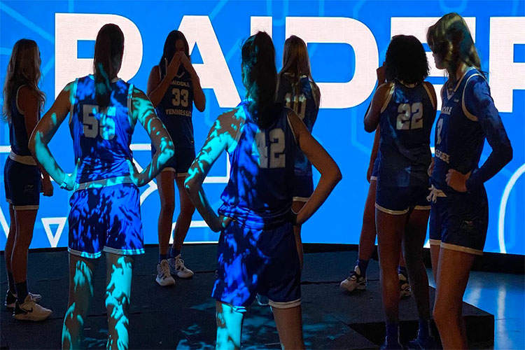In this fall 2023 photo, representatives from Middle Tennessee State University’s women's basketball team are shown inside Studio 1 in the Bragg Media and Entertainment Building for a video shoot using donated state-of-the-art moving light equipment that alumnus Shane Smith secured from his company, LMG Inc., in Florida. (Submitted Photo)