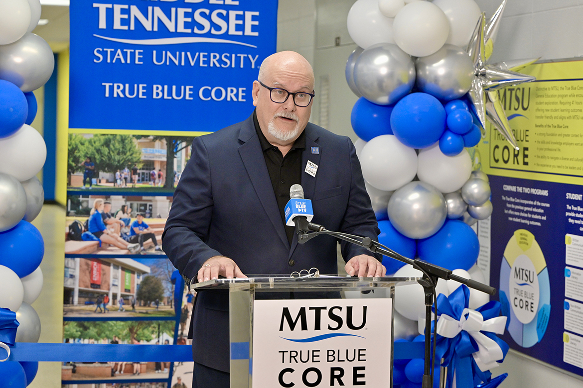 Andrew Oppmann, vice president for Marketing and Communications at MTSU, speaks at the ribbon cutting and introduction of the new True Blue Core, Middle Tennessee State University's new general education requirements, at the event held Feb. 26 on campus. (MTSU photo by Andy Heidt)