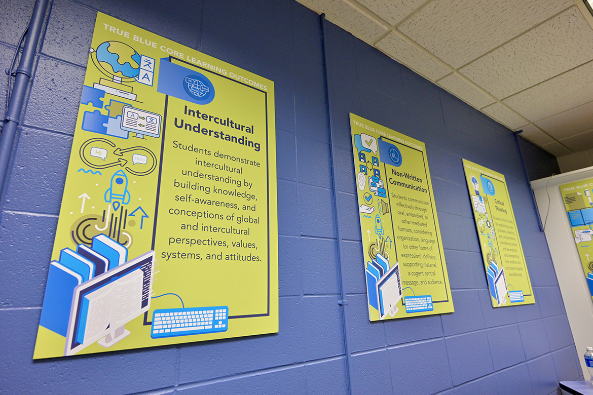 The True Blue Core, Middle Tennessee State University's new general education curriculum, launches in Summer 2024 with the new catalog, 2024-2025. These are a few of the revamped requirements, now hanging in the True Blue Core office on campus. (MTSU photo by Andy Heidt)