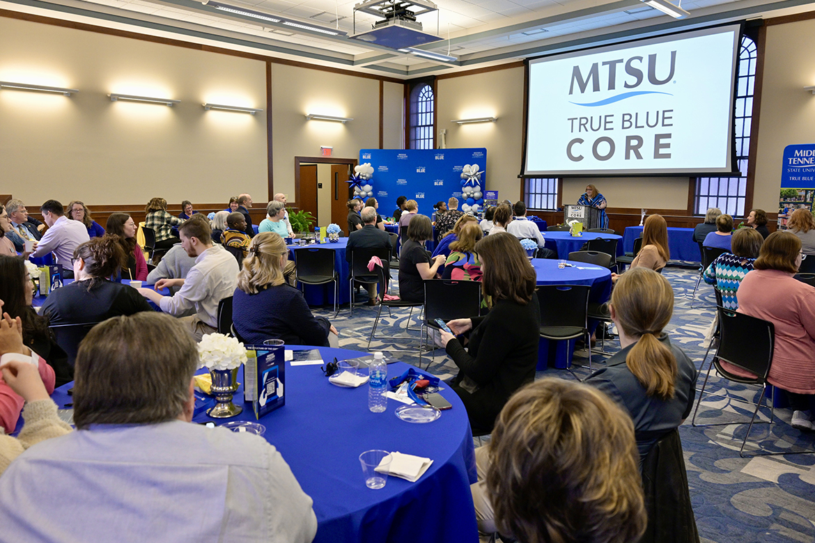 Dr. Amy Aldridge Sanford speaks at a reception held Feb. 26 announcing True Blue Core, True Blue Core, Middle Tennessee State University's new general education curriculum, which launches in Summer 2024 with the new catalog, 2024-2025. (MTSU photo by Andy Heidt)
