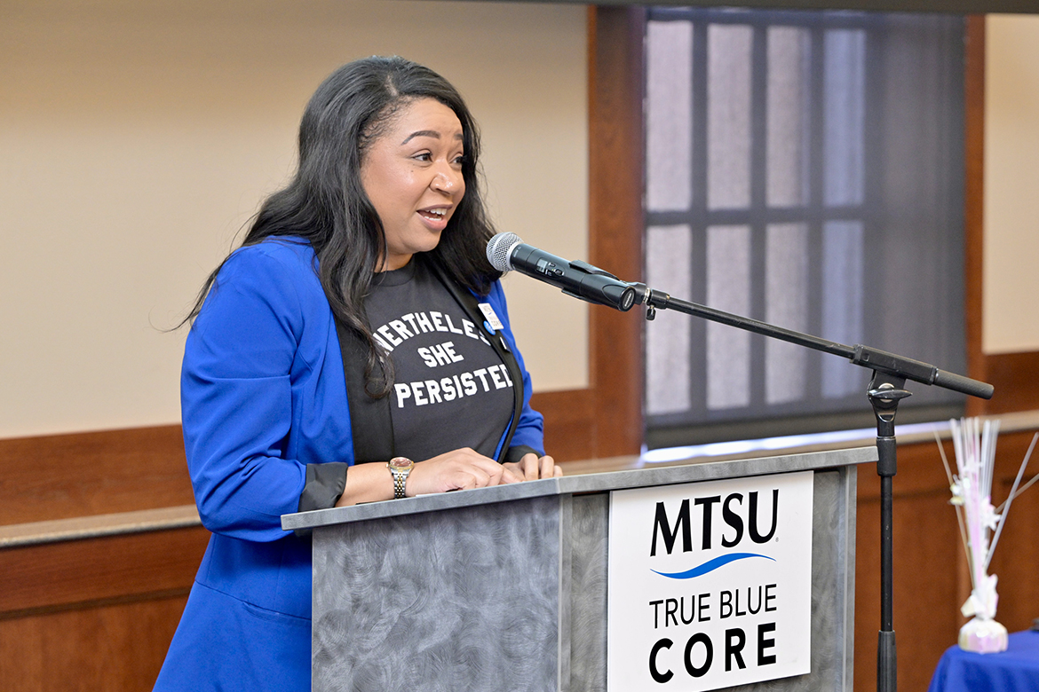 Dr. Christina Cobb speaks at a reception held Feb. 26 announcing True Blue Core, True Blue Core, Middle Tennessee State University's new general education curriculum, which launches in Summer 2024 with the new catalog, 2024-2025. (MTSU photo by Andy Heidt)