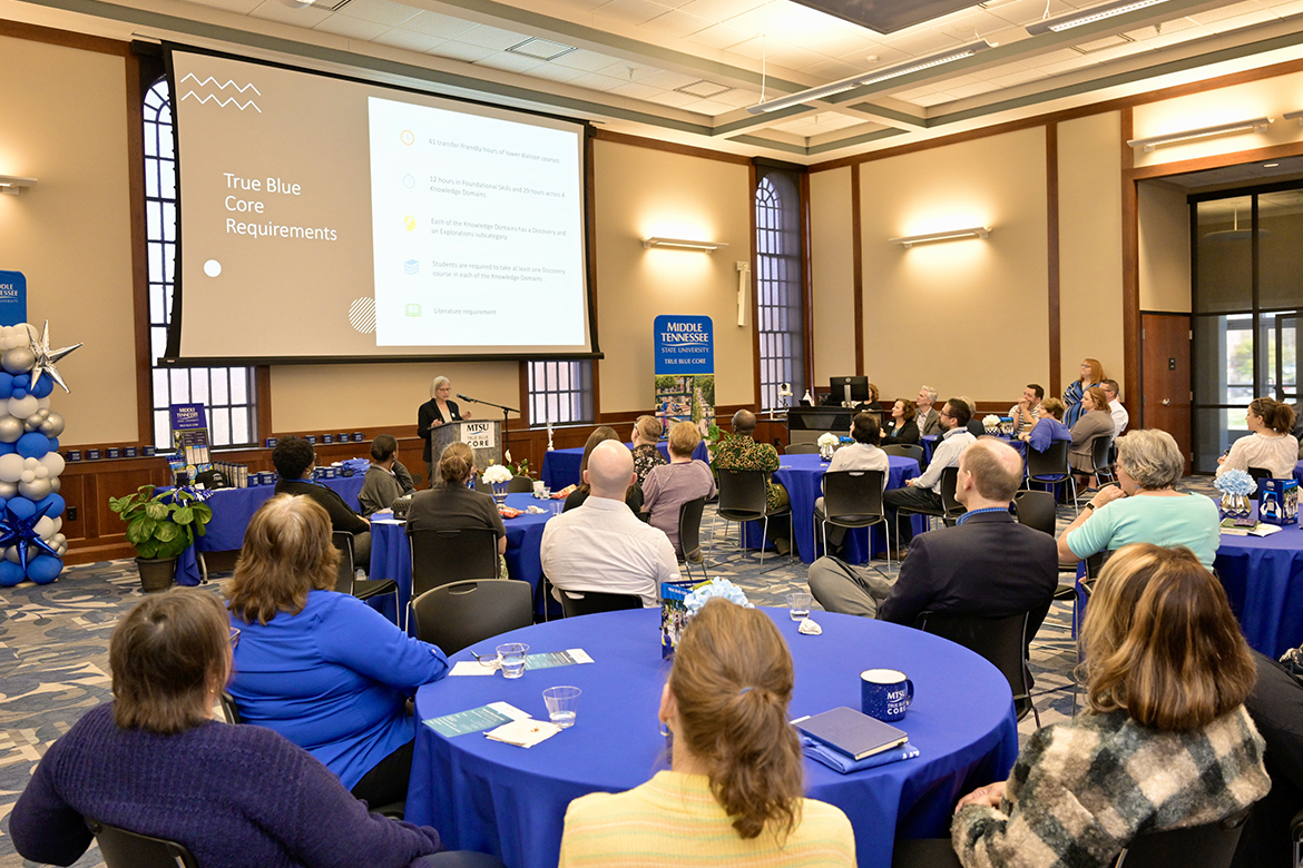 True Blue Core, Middle Tennessee State University's new general education curriculum, launches in Summer 2024 with the new catalog, 2024-2025. Director Dr. Susan Myers-Shirk speaks on campus at a reception held Feb. 26. (MTSU photo by Andy Heidt)