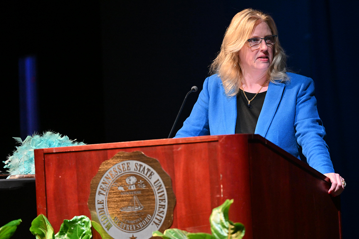 MTSU College of Media and Entertainment Dean Beverly Keel welcomes attendees to the inaugural “Women of True Grit” held Tuesday, March 12, inside Tucker Theatre on the MTSU campus in Murfreesboro, Tenn. The event was combined with the annual National Women’s History Month Trailblazer Awards. (MTSU photo by James Cessna)