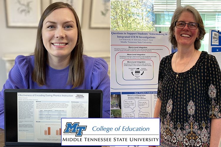 Middle Tennessee State University’s College of Education is working to make student research more of a focus and priority, with students such as Alisha Arwood, left, and Lori Klukowski presenting their projects at a college event. (MTSU graphic illustration by Stephanie Wagner)