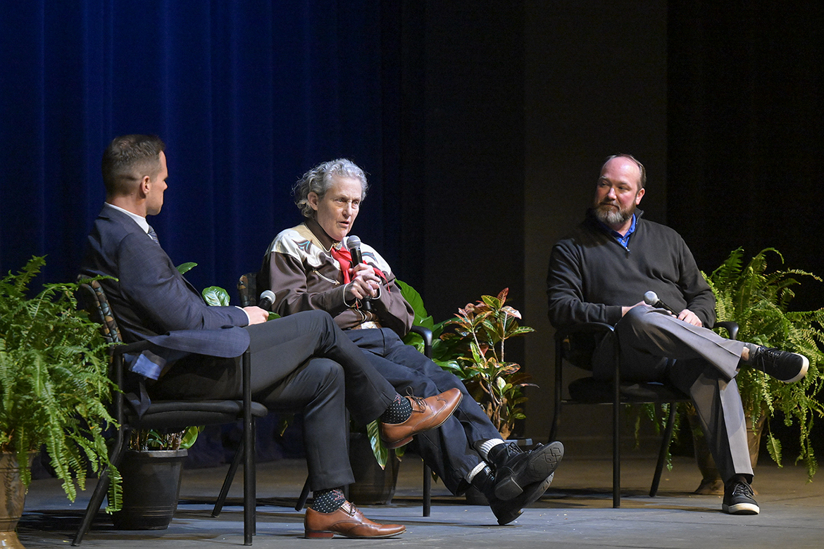 Autism advocate and animal welfare pioneer Temple Grandin, center, an animal science professor at Colorado State University, is interviewed during a Q&A March 13 following the screening of the documentary about her titled “An Open Door” inside Tucker Theatre at Middle Tennessee State University in Murfreesboro, Tenn. Interviewing her are documentary Executive Producer John Festervand, an MTSU alumnus and Colorado State administrator, and fellow MTSU alumnus Bart Barker, public information officer for Wilson County Schools and former Nashville television reporter. (MTSU photo by Cat Curtis Murphy)
