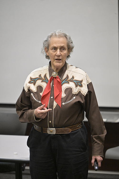 Autism advocate and animal welfare pioneer Temple Grandin, an animal science professor at Colorado State University, discusses different ways people think during her guest lecture March 13 inside the Business and Aerospace Building’s State Farm Lecture Hall at Middle Tennessee State University in Murfreesboro, Tenn. (MTSU photo by Andy Heidt)