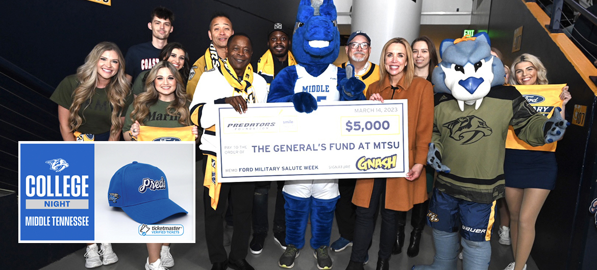 From left holding the oversized promotional check, Middle Tennessee State University President Sidney A. McPhee, mascot Lightning and MTSU Daniels Veterans Center Director Hilary Miller display the $5,000 in support from the Predators to The General’s Fund during the March 2023 Preds True Blue Night and Military Appreciation event at Bridgestone Arena in Nashville, Tenn. The fund helps provide financial support for MTSU student-veterans. Predators’ mascot Gnash, right, cheerleaders, veterans and others joined in the photo opportunity. This year’s True Blue Night and Military Appreciation event will be Tuesday, March 19, when the Preds entertain the San Jose Sharks at 7 p.m. (MTSU file photo by James Cessna)