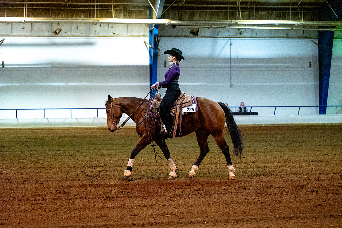 Simone Allen, Middle Tennessee State University student and equestrian team member from Mt. Juliet, Tenn., competes during the Intercollegiate Horse Shows Association Western Semi-Finals March 22-23 at the Tennessee Livestock Center in Murfreesboro, Tenn. The agribusiness major helped the Blue Raider riders earn Champion Team Level I Horsemanship honors. (Submitted photo by Hanna Price Photography)