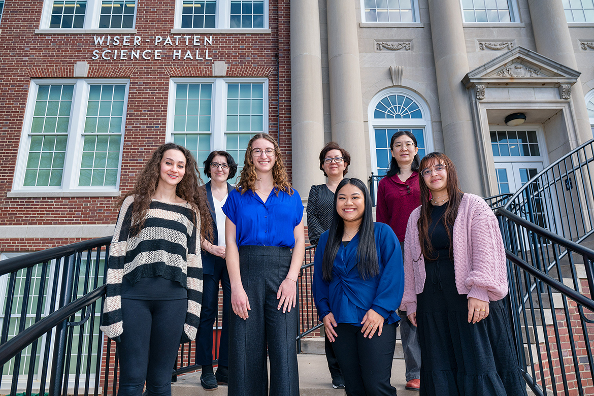 Middle Tennessee State University Department of Physics and Astronomy AMPLIFY Scholar internship and graduate school recipients include, front row from left, Kendra Givens, Ariel Nicastro, Monika Fouad and Pratanna Thamsorn. Back row from left are mentors Hanna Terletska, Neda Nasari and Wandi Ding. Terletska launched the AMPLIFY program last fall and more than a dozen students became involved. (MTSU photo by Andy Heidt)