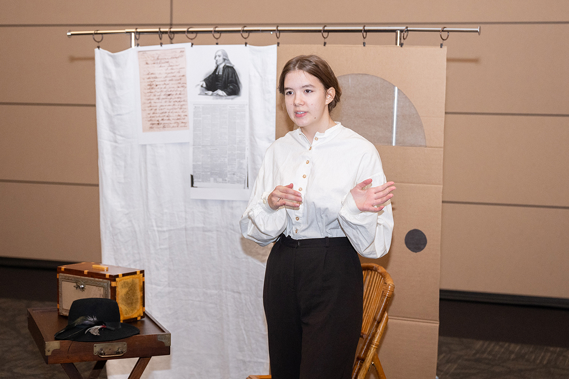 Agathos Classical School junior Sara Grippo of Columbia, Tenn., re-enacts the story of a formerly enslaved pastor and abolitionist Jermain Wesley Loguen at Middle Tennessee Regional History Day Competition held Friday, Feb. 23, at Middle Tennessee State University. She took home first place for her performance, “A Crossroad to Freedom: Jermain Loguen’s Rise to King of the Underground Railroad.” (MTSU photo by James Cessna)