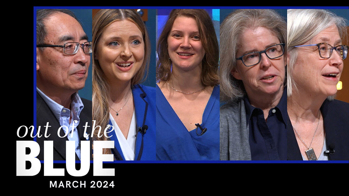 From left, guests on the March 2024 episode of MTSU “Out of the Blue” included Dr. Don Hong, Department of Mathematical Sciences professor and director of the Actuarial Science program, and student Jennifer Rody, president-elect of the Actuarial Math Student Association; journalism student Zoe Naylor; Dr. Ann McCullough, chair of the General Education Committee, and Dr. Susan Myers-Shirk, history professor and director of MTSU General Education/True Blue Core. (MTSU photo illustration by Joe Poe)