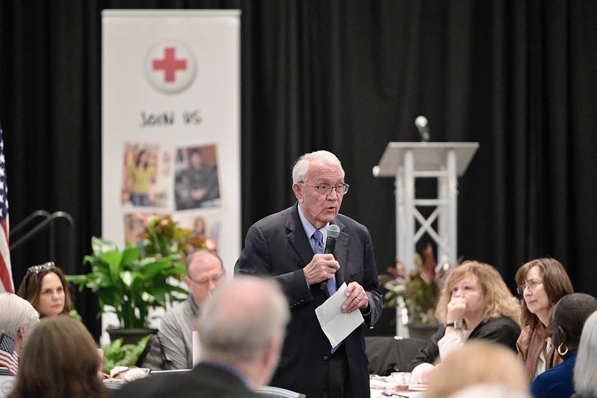 Former Rutherford County Mayor Ernest Burgess gives remarks after being presented the Heroes Award during the American Red Cross Heart of Tennessee Chapter’s “Heroes Luncheon” on March 5, 2024, at the Middle Tennessee State University Student Union Ballroom in Murfreesboro, Tenn. (MTSU photo by Andy Heidt)