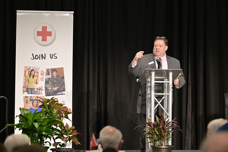 John Mitchell, executive director of the American Red Cross Heart of Tennessee Chapter, thanks the hundreds who attended the chapter’s “Heroes Luncheon” held March 5, 2024, at the Middle Tennessee State University Student Union Ballroom in Murfreesboro, Tenn. (MTSU photo by Andy Heidt)