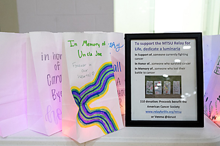 Luminaria bags like these are created in honor of cancer survivors or lost loved ones as part of annual Relay for Life. This year’s MTSU event will be held 5 to 9 p.m. Friday, March 22, at the Recreation Center. (Submitted photo)