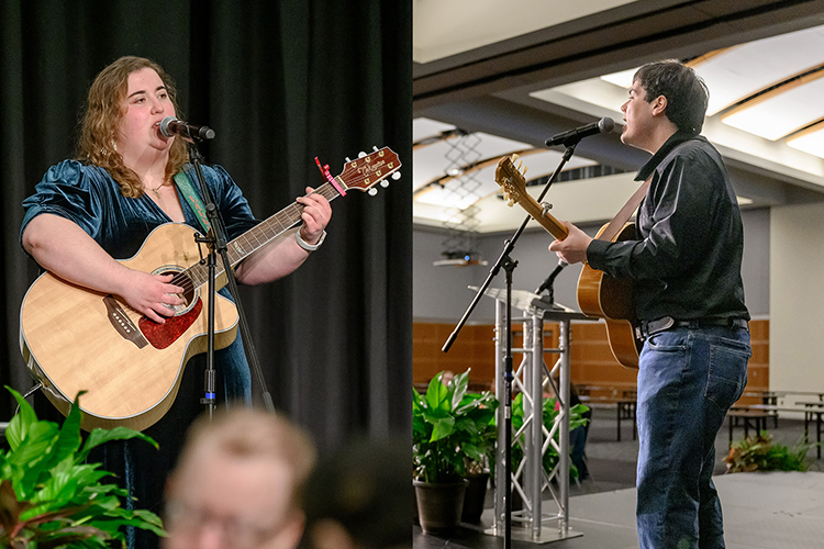 Middle Tennessee State University student musicians Lauren Teel, left, and Carter Elliott perform sets for the campus community during the Italian-themed lunch at the 18th annual Scholars Week student research and creative activity exposition on March 15, 2024, in the Student Union ballroom on campus in Murfreesboro, Tenn. (MTSU photo collage by Stephanie Wagner)