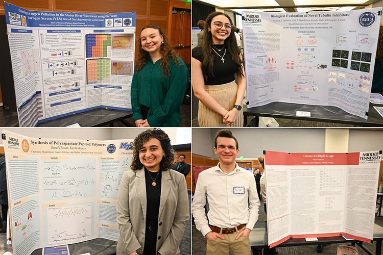 Around 176 Middle Tennessee State University students recently presented their research projects at the 18th annual Scholars Week student research and creative activity exposition on March 15, 2024, in the Student Union ballroom on campus in Murfreesboro, Tenn. Pictured, in top row from left, are Eden Anderson, biochemistry senior, and Meirola Endraws, biochemistry senior. In bottom row, from left, are Rand Hasan, biochemistry senior, and Rhys Stephens, a Blackman High School senior who took part in the expo as part of MTSU’s partnership with Blackman’s Collegiate Academy program. (MTSU photo collage by Stephanie Wagner)
