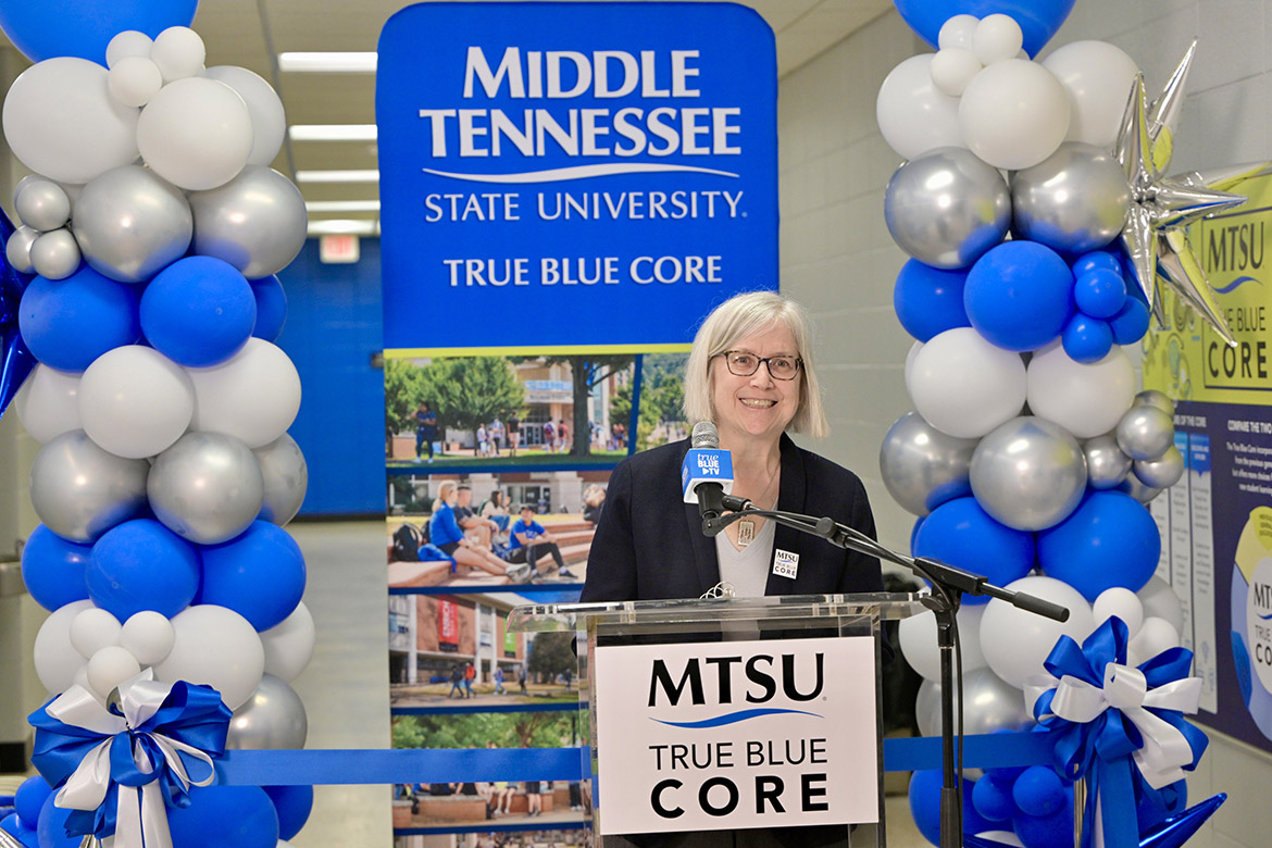 Susan Myers-Shirk, director of MTSU General Education/True Blue Core, speaks about the newly revamped set of requirements at a ribbon cutting held Monday, Feb. 26, in Peck Hall Room 216/217. (MTSU photo by Andy Heidt)