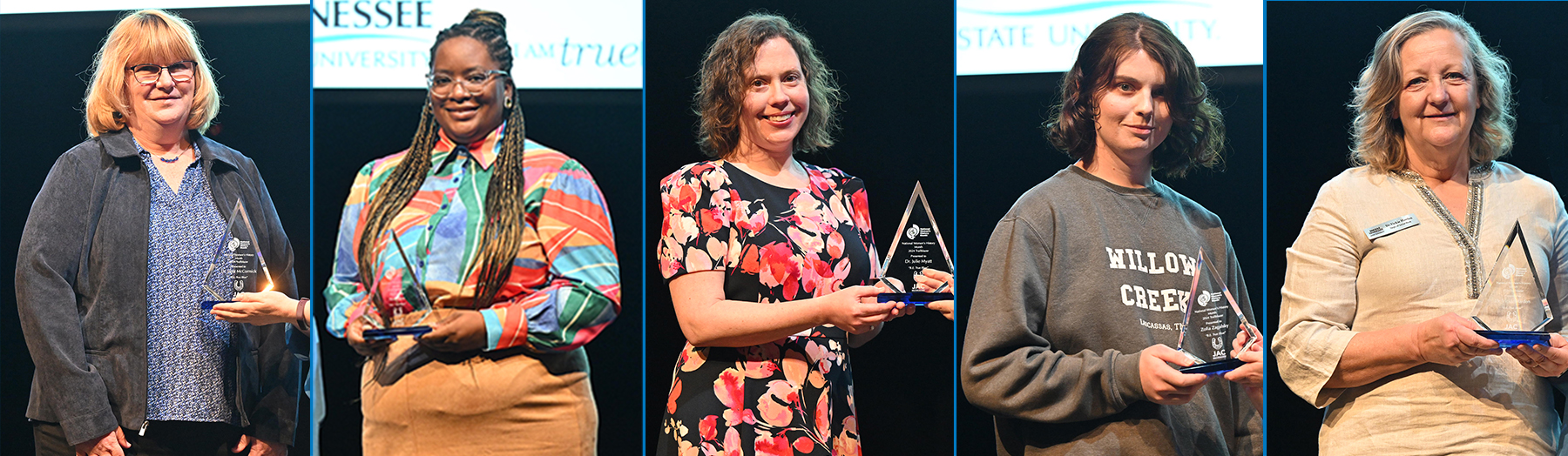 Middle Tennessee State University presented the 2024 Trailblazer Awards Tuesday, March 12, during a ceremony inside Tucker Theatre. Pictured, from left, are Janet McCormick, Communication Studies professor; Nia Allen, Diversity Dissertation Fellow in Textiles, Merchandising and Design Program; Julie Myatt, associate professor of English and MT Engage director; psychology student Zofia Zagalsky; and Vickie Harden, associate professor and Master of Social Work Program coordinator. The awards are presented annually as part of the university’s Women’s History Month observance and honors women on campus who positively impact the campus community. (MTSU photo illustration; photos by James Cessna)