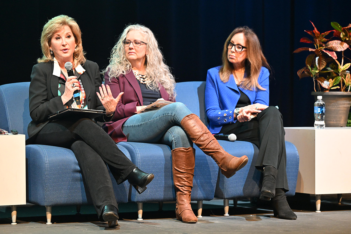From left, Marion MacKenzie Pyle, Paula Mosher Wallace and Lana King spoke on ‘Hallmark, Healing and Hope’ as part of a panel at Middle Tennessee State University “Women of True Grit” Conference held Tuesday, March 12, inside Tucker Theatre on the MTSU campus in Murfreesboro, Tenn. (MTSU photo by James Cessna)