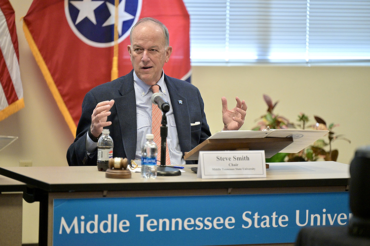 Middle Tennessee State University Board of Trustees Chairman Steve Smith makes a point at the trustees’ quarterly meeting held Tuesday, March 19, at the Miller Education Center on Bell Street in Murfreesboro, Tenn. (MTSU photo by J. Intintoli)