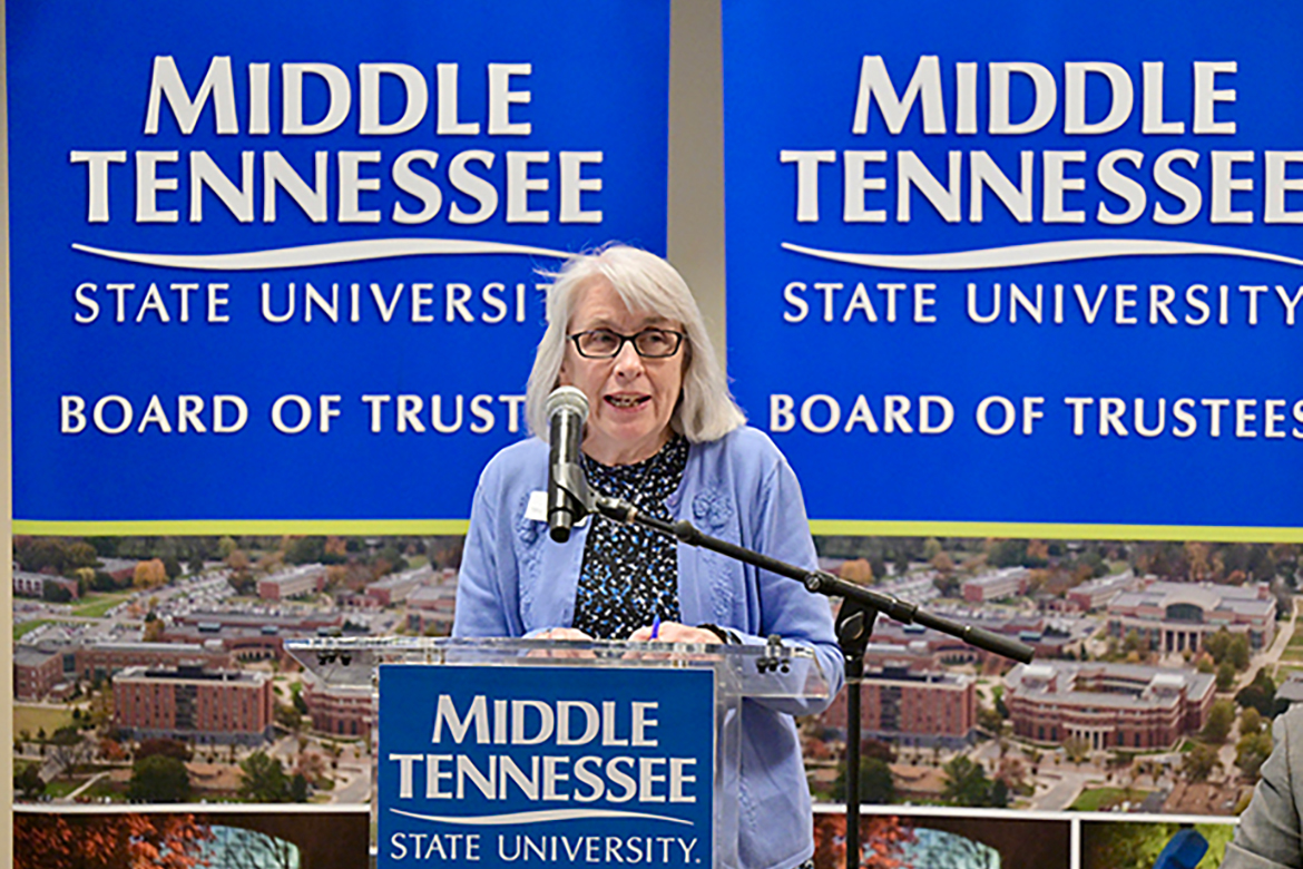 Mary Hoffschwelle, Middle Tennessee State University vice provost for planning and effectiveness, discusses the university’s development of a strategic plan at the Board of Trustees quarterly meeting held Tuesday, March 19, at the Miller Education Center on Bell Street in Murfreesboro, Tenn. At right is Alan Thomas, vice president for business and finance. (MTSU photo by J. Intintoli)