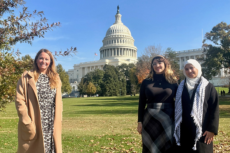 Jamie Burriss, left, director of the Undergraduate Research Center at Middle Tennessee State University, traveled to Washington, D.C., in November 2023 with MTSU undergraduate researchers Brooke Busbee, center, and Mina Abdulkareem to participate in the conference event for the larger, six-month Scholars Transforming Through Research: Council on Undergraduate Research’s Advocacy Program. (Submitted photo)