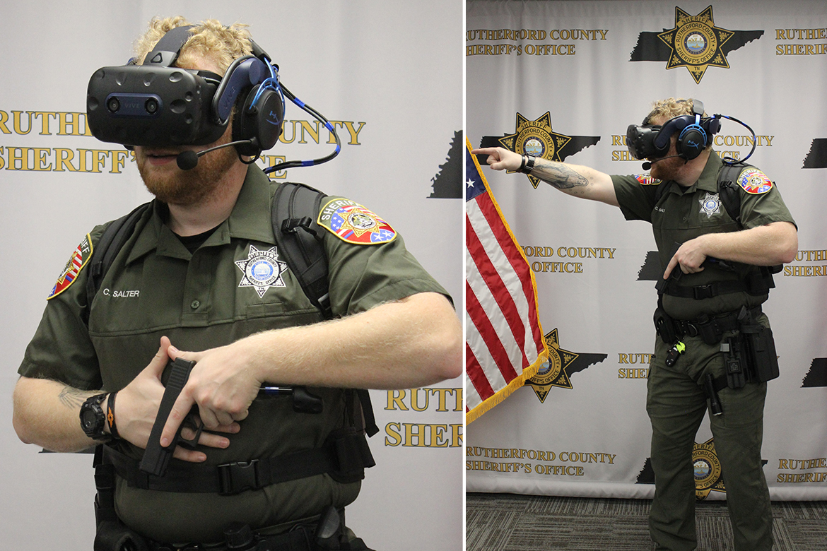 Deputy Christian Salter of the Rutherford County Sheriff’s Office demonstrates the use of Apex Officer, the top virtual reality training simulator built by police officers for law enforcement agencies. The virtual training will be studied by Middle Tennessee State University Criminal Justice Administration professor Ben Stickle as part of a Bureau of Justice Assistance grant he co-authored for the Rutherford County Sheriff’s Office that garnered $685,730 to be used over a three-year period. MTSU will receive $315,445 in partnership with the project for research. (Submitted photos)