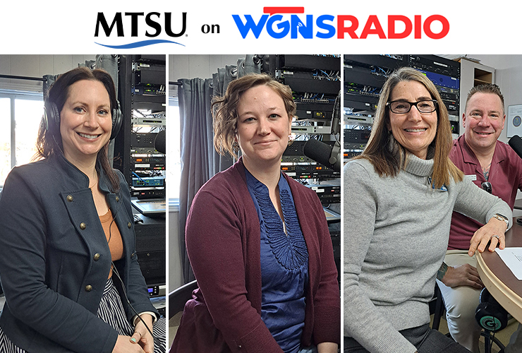 MTSU representatives appeared on the WGNS Radio “Action Line” program on Feb. 19. The guests, from left in order of appearance, were Dr. Kelly A. Kolar, associate professor in the MTSU Department of History; Dr. Maigan Wipfli, director of the June Anderson Center for Women and Nontraditional Students; and Dr. Deborah Lee, NHC Chair of Excellence in Nursing and director of the Positive Aging Consortium, and Kevin Fehr, owner of Amada Senior Care and a community member of the MTSU Positive Aging Consortium. (MTSU photo illustration by Jimmy Hart)