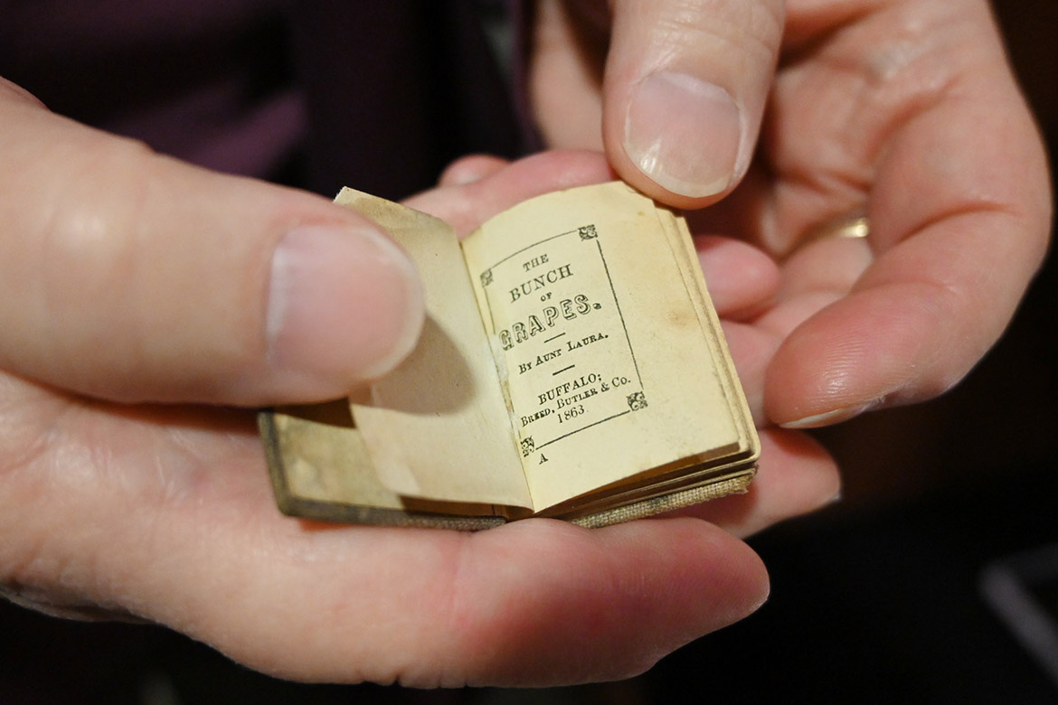 This tiny book from 1863 is on display in the “Printing for the People: Press and Print in Everyday Life” exhibit in Special Collections at James E. Walker Library at Middle Tennessee State University. Book runs — even at the tiniest level — could be printed by the millions thanks to printing innovations that emerged in the 19th century. The exhibit is on display through the end of the spring semester in Special Collections, located on the fourth floor. (MTSU photo by Nancy DeGennaro)