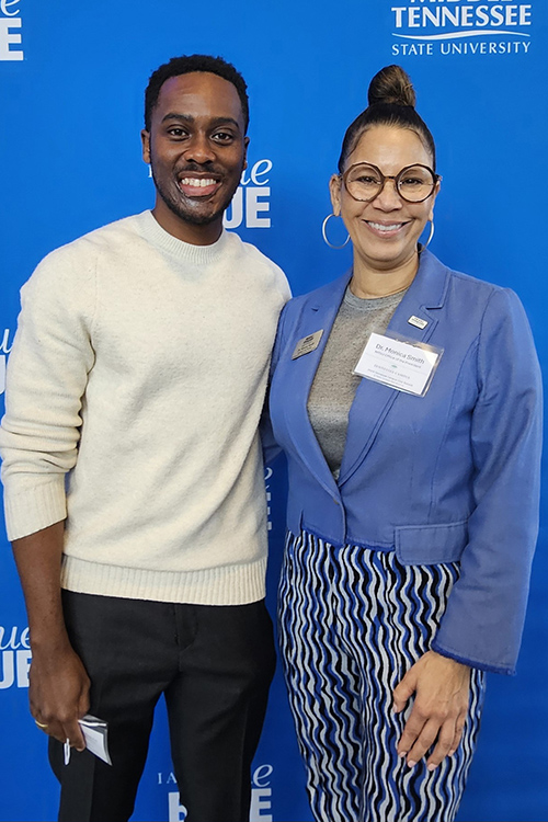 Rashawn Davis, left, executive director of the Andrew Goodman Foundation and keynote speaker at the Tennessee Campus Civic Summit at Middle Tennessee State University, takes a photo with Monica Smith, assistant to the MTSU president for community engagement and inclusion, during a break in the summit held Feb. 23, 2024, in MTSU’s Miller Education Center in Murfreesboro, Tenn. (MTSU photo by Robin E. Lee)