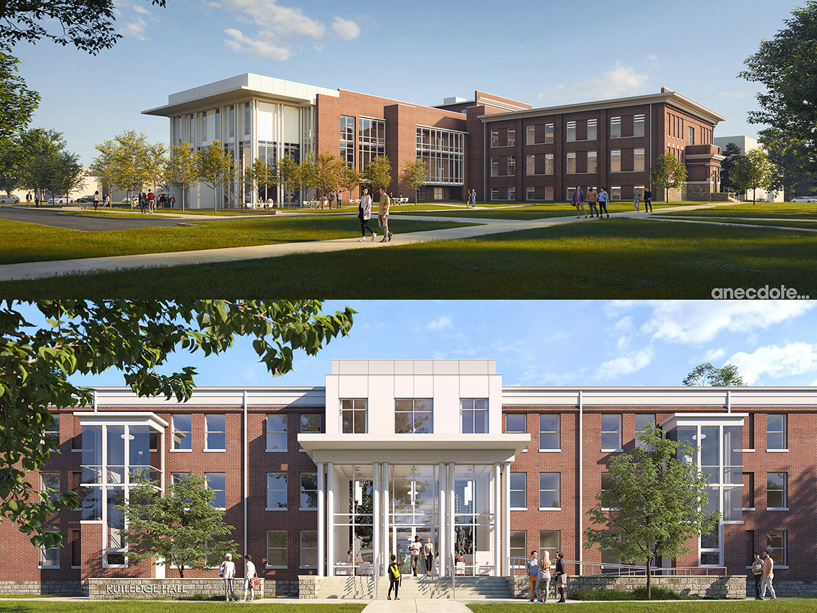 These artist renderings show the exteriors of Kirksey Old Main, top, and Rutledge Hall — two of the university’s five original buildings — following a $54.3 million renovation project to upgrade both buildings, which will transform Rutledge from a dormitory to an academic building housing the University Studies Department while KOM will still house the Mathematics, Computer Science, and Data Science departments within the College of Basic and Applied Sciences. Announced Wednesday, April 24, from the steps of KOM, the project begins in mid-May with expected completion by summer 2026. (Courtesy of MTSU Anecdote Architectural Experiences)