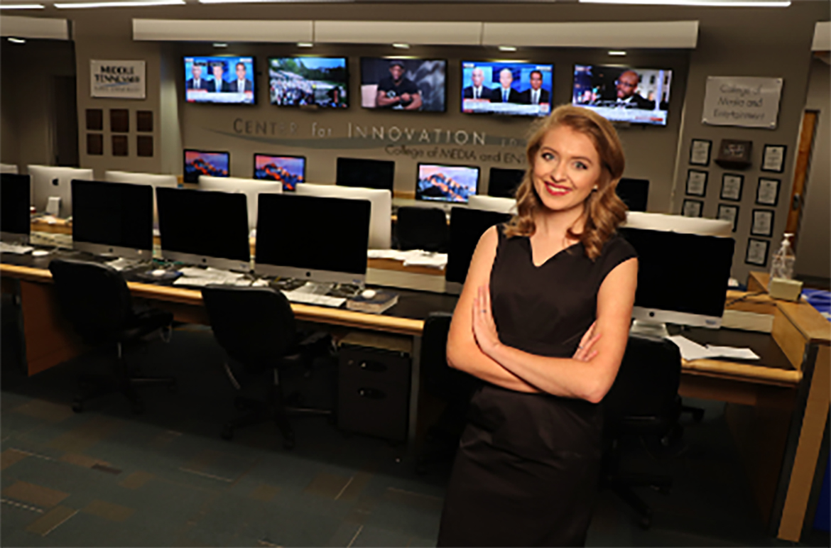 Alumni Katie Inman ('18) poses in the Center for Media Innovation located on the first floor of the Bragg Media and Entertainment Building on the Middle Tennessee State University campus in Murfreesboro, Tenn. Inman works as a live field anchor and weekend anchor at her hometown television station, WBIR-TV, in Knoxville, Tenn. (Photo submitted)