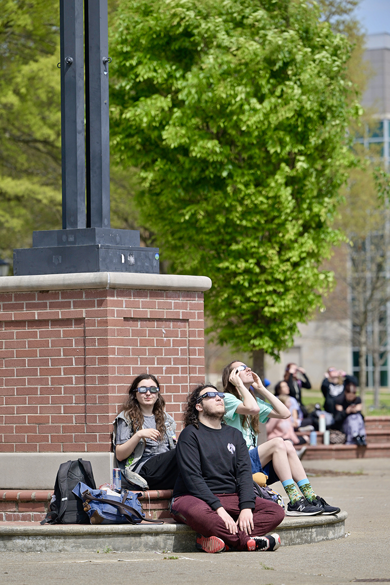 Middle Tennessee State University students gather in the MTSU Quad area Monday, April 8, on the MTSU campus in Murfreesboro, Tenn., to view the solar eclipse that brought 93% totality locally. Hundreds of people viewed the eclipse in the quad in the heart of campus and also around the MTSU Observatory and Uranidrome on the west side of campus. (MTSU photo by Andy Heidt)