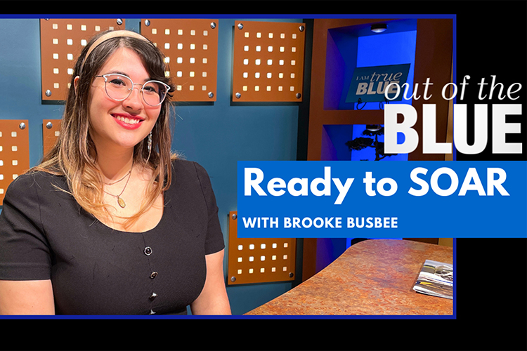 Brooke Busbee, recent Middle Tennessee State University graduate in psychology and undergraduate research advocate, was featured on the April 2024 episode of MTSU’s “Out of the Blue” television show to discuss her work as part of the Student Organization for the Advancement of Research and its recent high school outreach event. (MTSU graphic illustration by Joseph Poe)