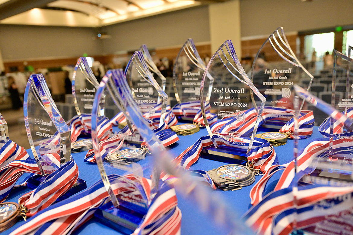 A sampling of awards won by Midstate middle and high school students participating in the annual Middle Tennessee STEM Innovation Hub STEM Expo, held Wednesday, April 3, in the Middle Tennessee State University Student Union Ballroom in Murfreesboro, Tenn. (MTSU photo by Andy Heidt)