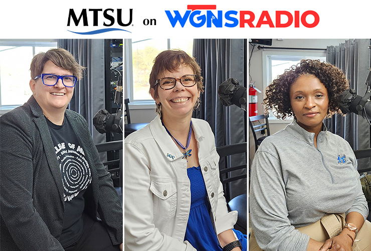 Middle Tennessee State University representatives appeared on the April 15 WGNS Radio's "Action Line" program. Pictured, from left in order of appearance, are Michelle Conceison, new chair of the MTSU Recording Industry Department; Heather Green, master instructor and MTeach Program coordinator; Dr. Charlotte Scott-Moore, director of the Ann Campbell Early Learning Center at MTSU. (MTSU photo illustration by Jimmy Hart)