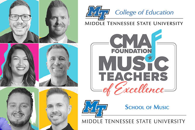 Six alumni from Middle Tennessee State University were recently named among this year’s 30 total Country Music Association Foundation’s Music Teachers of Excellence. Pictured, from left in top row, are Tony Hartman and Michael Holland; from left in middle row, Katiana Nicholson and Evan Burton; and from left in bottom row, Andrew Smith and Allen Kennedy. (MTSU graphic illustration by Stephanie Wagner)