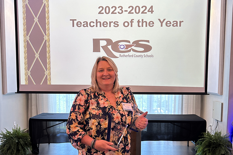 Missy Blissard, an alumna of Middle Tennessee State University’s College of Education, has been a counselor at Oakland High School in Murfreesboro, Tenn., for 28 years and recently won both the school and district-level Teacher of the Year award in the grade 9 to 12 category for Rutherford County Schools. Blissard was part of 36 of the 50 Teacher of the Year winners in the district who were MTSU education alumni. (Submitted photo)