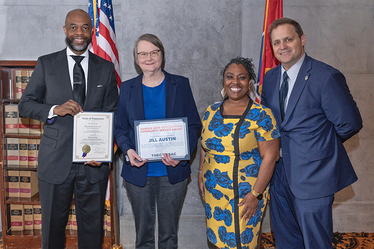 Middle Tennessee State University management professor Jill Austin, second from left, receives her 2024 Harold Love Outstanding Community Service Award April 29 at the Tennessee Capitol in Nashville, Tenn. Presenting the award are, from left, state Rep. Harold Love Jr. of Nashville, Tennessee Higher Education Commission Director of HBCU Success Brittany Mosby and THEC Executive Director Steven Gentile. (Courtesy of the state of Tennessee)