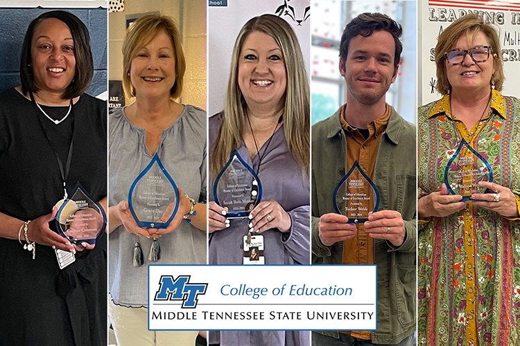 Middle Tennessee State University’s College of Education recently recognized five area teachers for their excellent mentorship of MTSU education students from the university’s top-tier teacher preparation program. (MTSU collage by Stephanie Wagner)