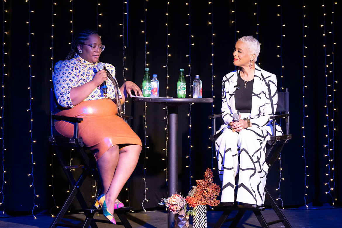 Nia Allen, a Diversity Dissertation Fellowship recipient at Middle Tennessee State University in Murfreesboro, Tenn., interviews fashion icon Bradice Daniel on stage at a speaking engagement held in February 2024 as part of Black History and Women’s History month celebrations. (MTSU photo by James Cessna)