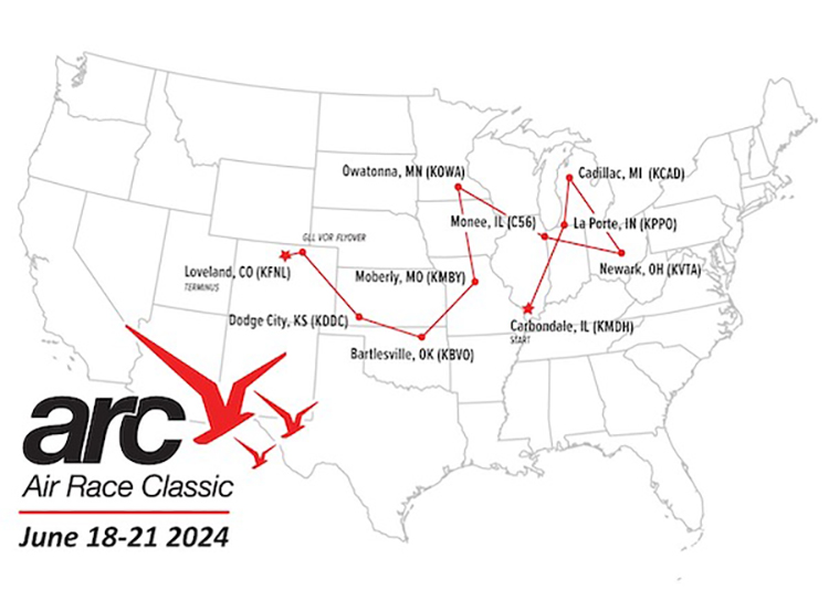 The 2024 Air Race Classic flight path, starting in Carbondale, Ill., and wrapping up in Loveland, Colo. (Graphic from Air Race Classic)